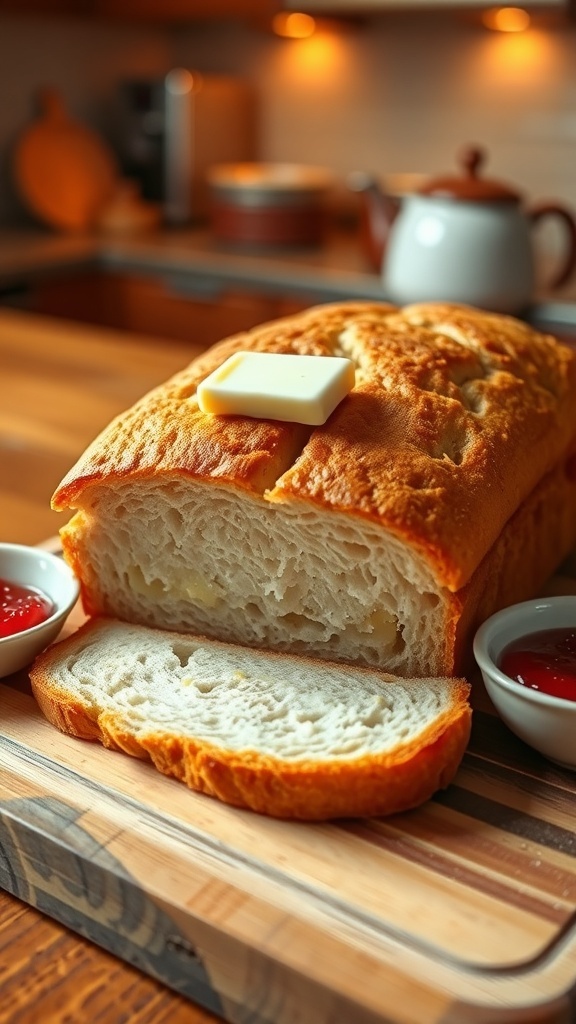 Slices of golden-brown homemade sandwich bread toast with butter and jam on a wooden cutting board.